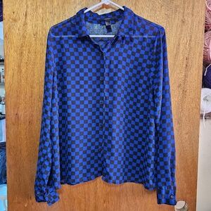 Blue Black Check Button Up Shirt Large Sheer Layering Blouse
